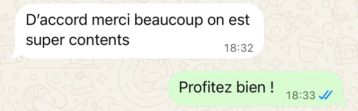 Message d'un client : « Merci beaucoup, on est super contents »