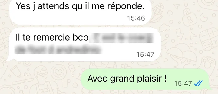 Message d'un client : « Il te remercie beaucoup »